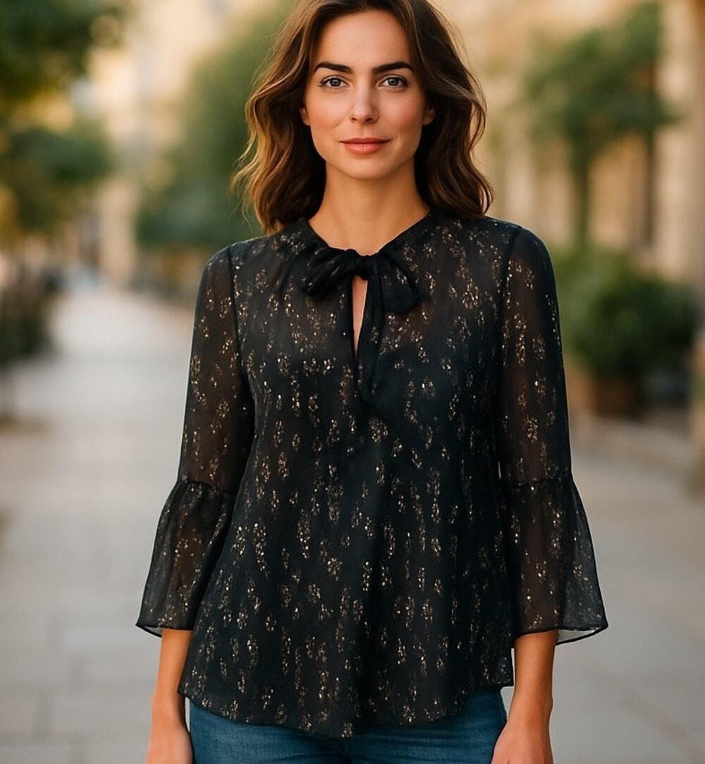 Lilly Pulitzer Womens Size XS Black Sheer Gold Inlay Long Sleeve Blouse Top